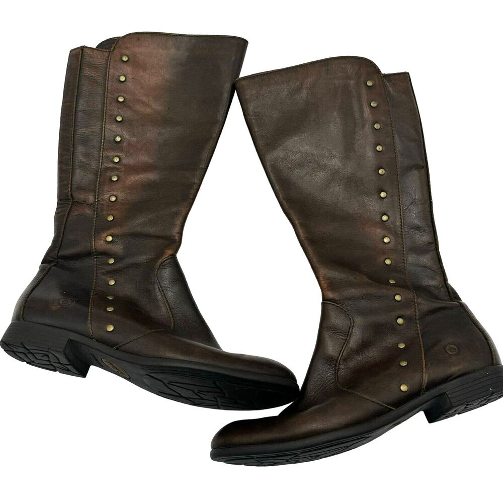 BORN Womens Brown 6.5 M Leather Zip Studded Knee High Comfort Boots Style D85116